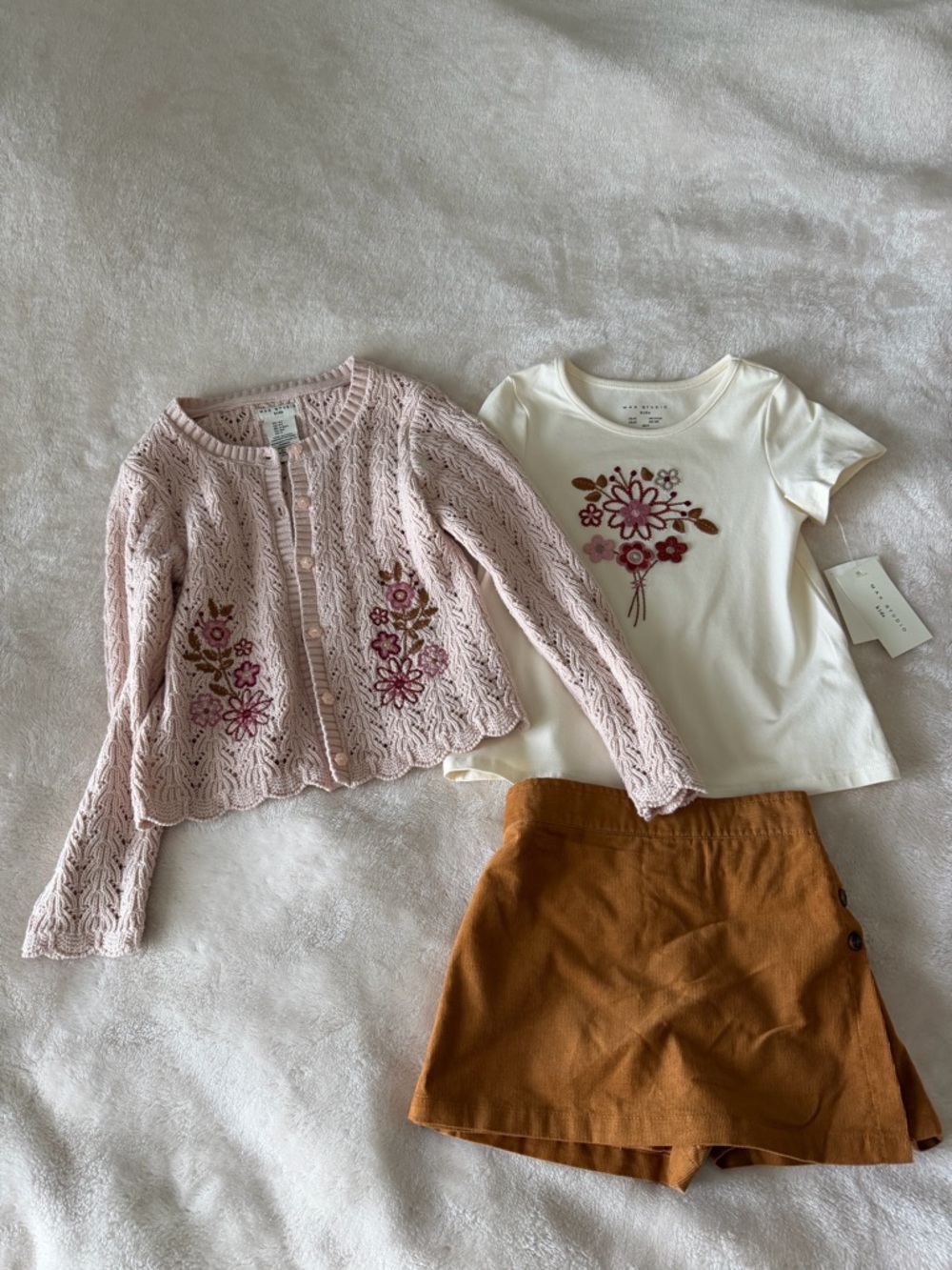 Max Studio Pink Embroidered Cardigan with Cream Floral Tee and Skort Set